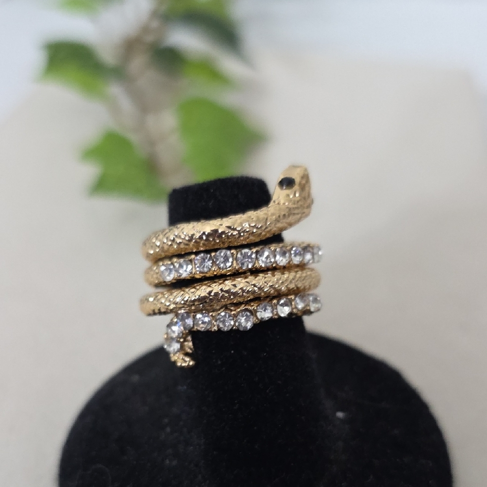 Gold with Rhinestone Snake Wrap Around Ring Size 8